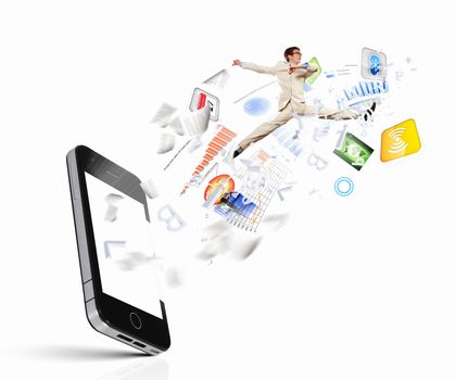 Image of businessman jumping out of mobile phone