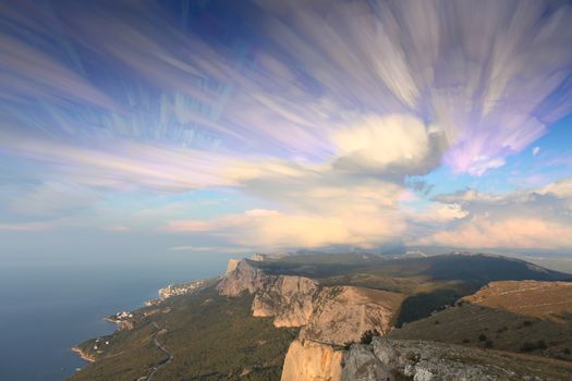 Movement of the clouds on the mountain Merdven-Kayasy. Crimea, Ukraine