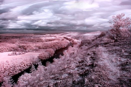 InfraRed landscape: Movement of clouds over the river Seversky Donets. Donetsk region, Ukraine, Hoya R72 IR filter