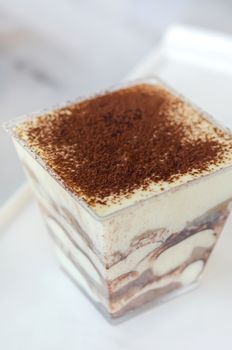 close up of Tiramisu cake in  a  glass 