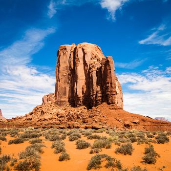 Complementary colours blue and orange in this iconic view of Monument Valley, USA