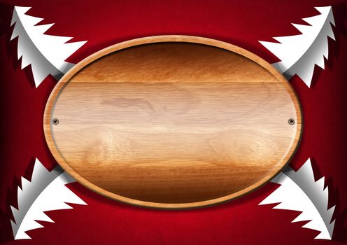 Wooden plate with four white and stylized Christmas tree on red velvet background
