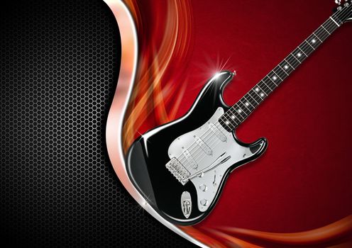 Electric Guitar on red velvet with metal wave and black background with hexagons