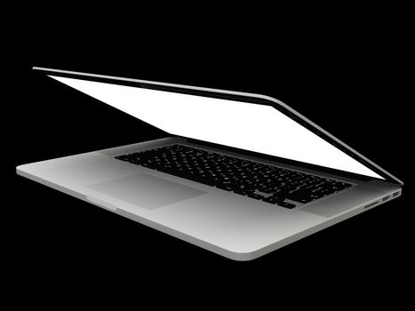 Laptop computer blank white screen isolated on black background