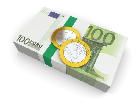 Pile of Euro banknotes with couple of coins, symbol of Euro currency, isolated on white background