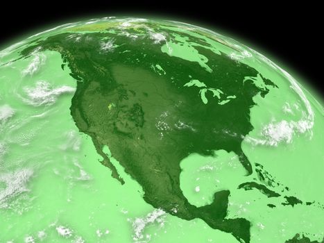 North America on green planet Earth isolated on black background. Elements of this image furnished by NASA.