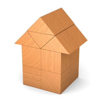 House made of wooden cubes isolated on white background