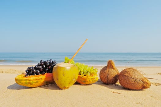 Exotic tropical fruit on the sandy beach