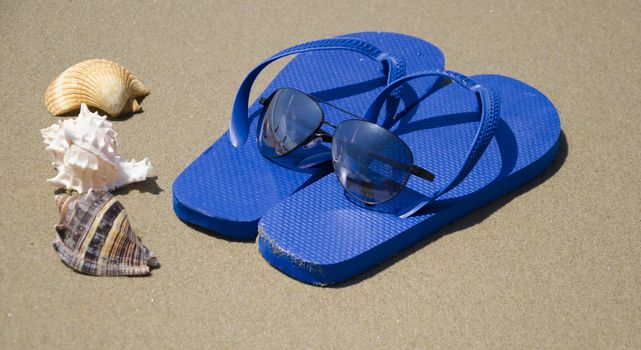 Blue flip-flops with seashells on beach's sand