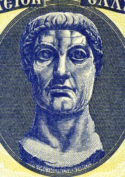 Constantine the Great (272-337) on 100 Drachmai 1950 Banknote from Greece. Roman Emperor during 306-337. Best known for being the first Roman emperor to be converted to Christianity.