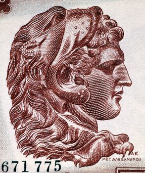 Alexander The Great (356-323BC) on 1000 Drachmai 1956 Banknote from Greece. King of Macedon, a state in northern ancient Greece and creator of one of the  largest empires of the ancient world while undefeated in battle.