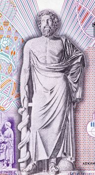 Asclepius on 10000 Drachmes 1995 Banknote from Greece. God of medicine and healing in ancient Greek religion.