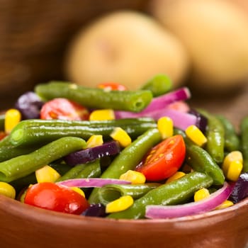 Fresh colorful vegetarian salad made of green beans, cherry tomatoes, sweet corn, black olives and red onions (Selective Focus, Focus one third into the salad) 
