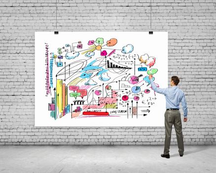 Image of businessman drawing business plan on white banner