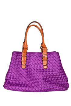 purple handbag on white background