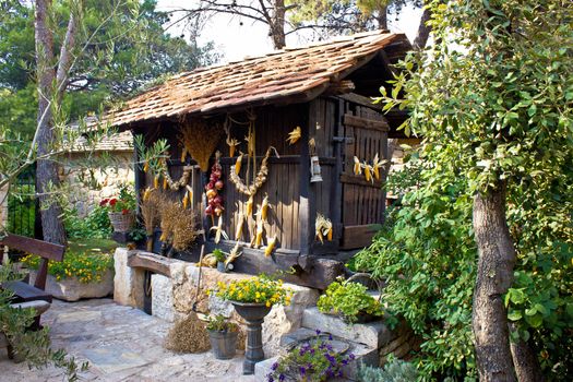 Traditional wooden corn drier store with ornaments, Croatia