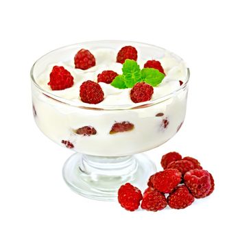 Thick yogurt with raspberries and mint in a glass sundae dish, raspberries isolated on white background