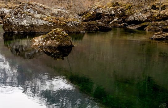 River calm streem in winter rocky lanscape, Norway