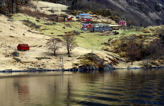 Norway fjord scenic view, tradicional houses next to water                               