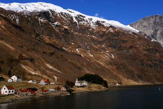 Gudvangen fjord landscape, village in the mountain,  Norway                            