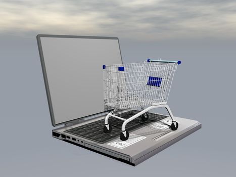 Shopping cart on laptop symbolizing e-commerce in grey cloudy background