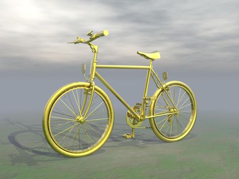 Golden mountain bike in grey cloudy background