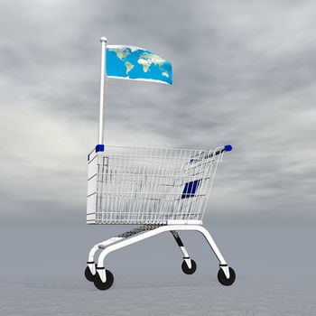 Shopping cart holding earth map flag to symbolize international commerce in grey cloudy background