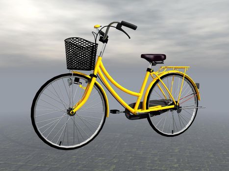 Beautiful yellow city bike on the street , grey cloudy background