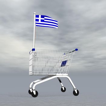 Shopping cart holding greek flag to symbolize commerce in Greece into grey cloudy background