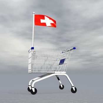 Shopping cart holding swiss flag to symbolize commerce in Switzerland into grey cloudy background