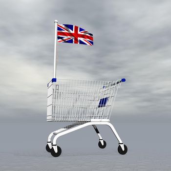 Shopping cart holding emglish flag to symbolize commerce in United Kingdom into grey cloudy background