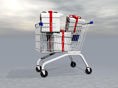 Shopping trolley full of gifts to offer in grey cloudy background