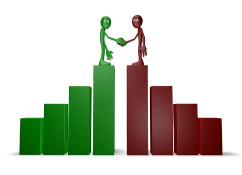 two cartoon guys shake hands on business graph - 3d illustration