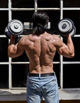 Back of muscular young bodybuilder shirtless outdoors in jeans, exercising biceps with dumbbells
