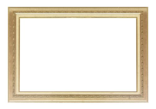 Old antique gold picture frame wall, wallpaper, decorative objects isolated white background.