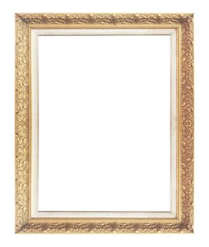 Old antique gold picture frame wall, wallpaper, decorative objects isolated white background.