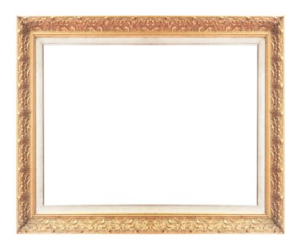 Old antique gold picture frame wall, wallpaper, decorative objects isolated white background.