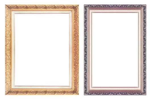 Old antique gold picture frame wall, wallpaper, decorative objects isolated white background.