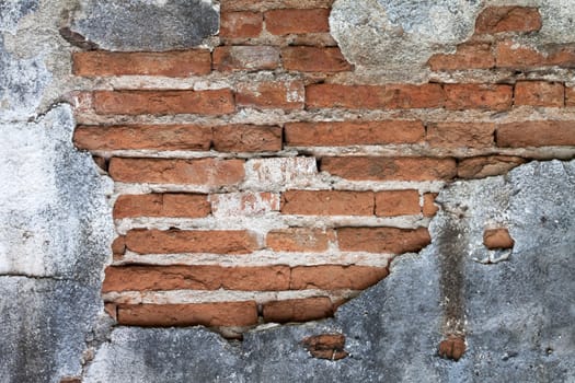 Old red brick walls cracked concrete vintage brick wall background.