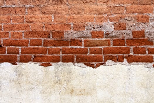 Old red brick walls cracked concrete vintage brick wall background.