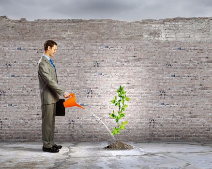 Image of businessman watering sprout with can