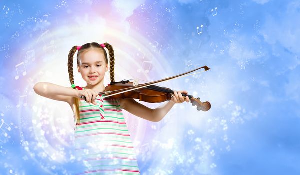 Image of cute girl playing violin against blue background