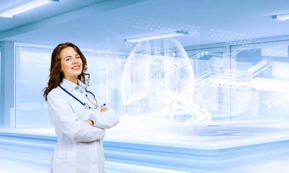 Image of young woman scientist in laboratory. Innovation concept