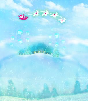 The santa claus flying with the sack full of presents