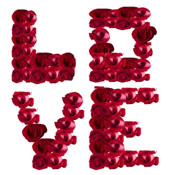 Word Love written with many red roses, isolated over white