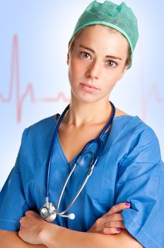 Young female surgeon with scrubs and a stethoscope, with an EKG graph behing her