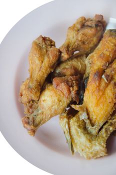 top view   fried fish and fried chicken on dish over white background