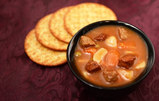 hearty beef stew and crackers