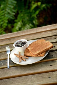 cinnamon toast with jam outdoors