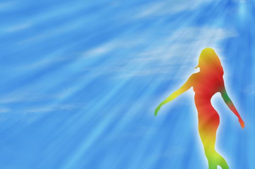 dancing rainbow girl illustration and sunrays during summer to express joy